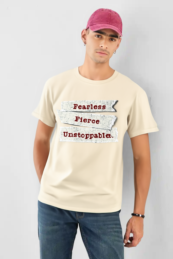 Men’s Oversized Off White Graphic T-Shirt – Fearless Fierce Unstoppable | 100% Cotton Round Neck Tee