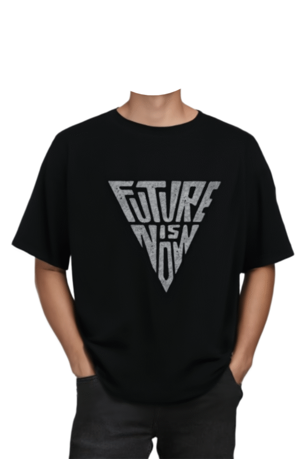 Men's Oversized Black Cotton T-Shirt – "Future Is Now" Graphic Print | Front & Back Design