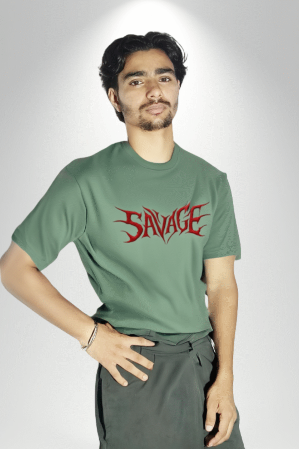 Oversized Savage Graphic Print T-Shirt for Men – Sage Green | 100% Cotton Round Neck Half Sleeve