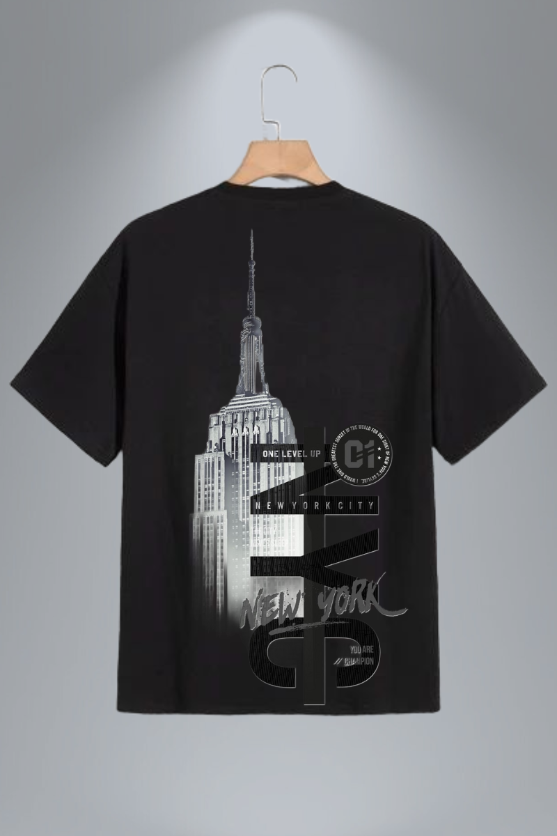 Men’s Oversized Black T-Shirt | Streetwear Cotton Tee with Resilient & NYC Graphic Print