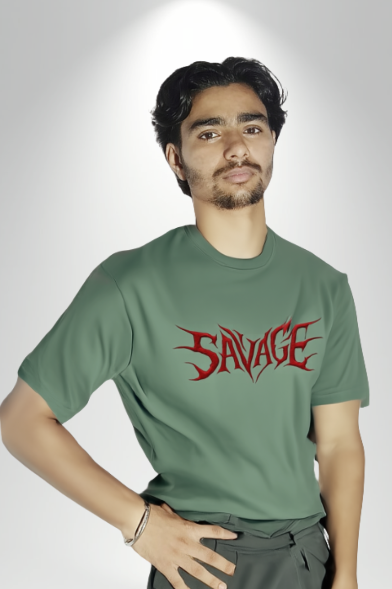Oversized Savage Graphic Print T-Shirt for Men – Sage Green | 100% Cotton Round Neck Half Sleeve